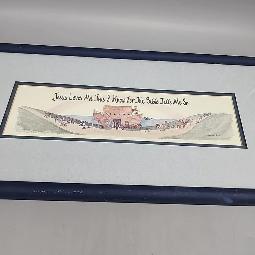 Vintage Blue Framed Water Color Noahs Arc Jesus Loves Me Bible Tells Me So 1994